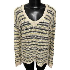 Medium Vintage Havana Loose Knit Yellow Gray Striped Sweater V-Neck